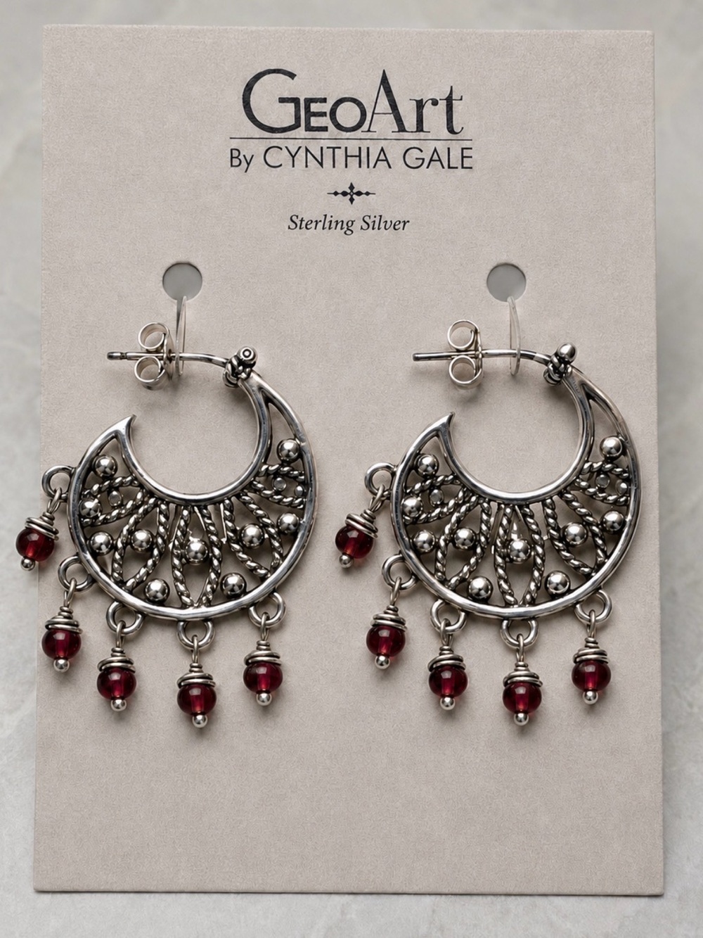 Earrings 925 Sterling Silver Red Garnet Accents Dangles Post Back Filigree Hoops